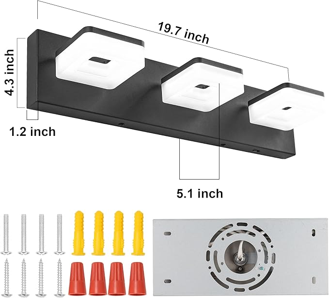 3 Colors Dimmable Black Bathroom Light Fixtures Over Mirror, LED Vanity Lights, Acrylic Stainless Steel 3 Light Bathroom Vanity Light Fixtures, Adjustable 3000K/4000K/6000K, 360° Rotate