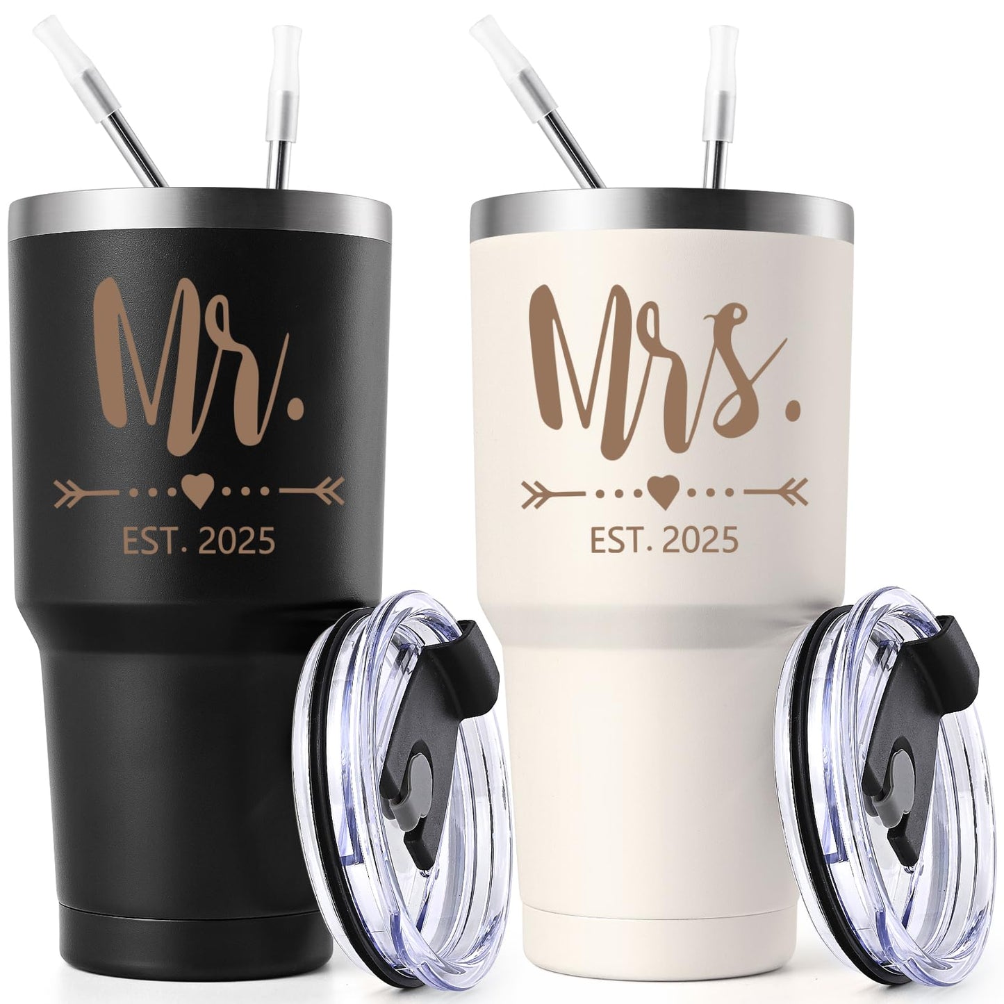 Gtmileo Mr & Mrs EST 2025 Stainless Steel Insulated Tumbler Set, Wedding Gifts for Couples, Bridal Shower Gifts - 30oz, Black&Beige