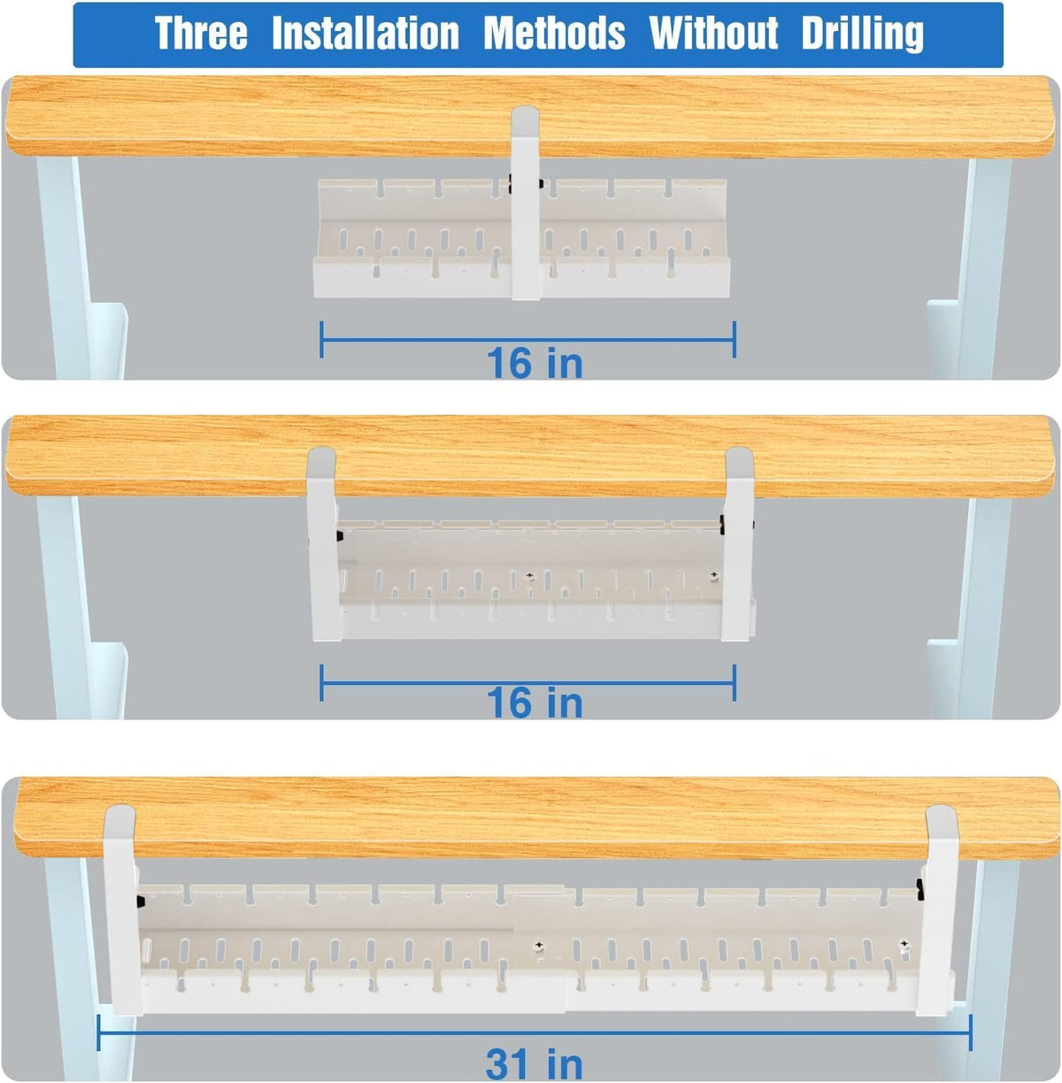 No Drilling Extendable Under Desk Cable Management, Metal Cable Management Tray Under Desk with Clamp, Retractable Power Strip Cord Holder for Wire Management 31Inch (1 Pack White)
