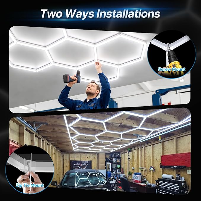 HYPERLITE Gen 2 Hexagon Garage Light, Upgraded 3 Level Dimmable 581W 58100LM Super Bright Garage Detailing Lights, 22 Grids Hexagon Shop Lights, Hex LED Lights for Basement, Gym, Barber