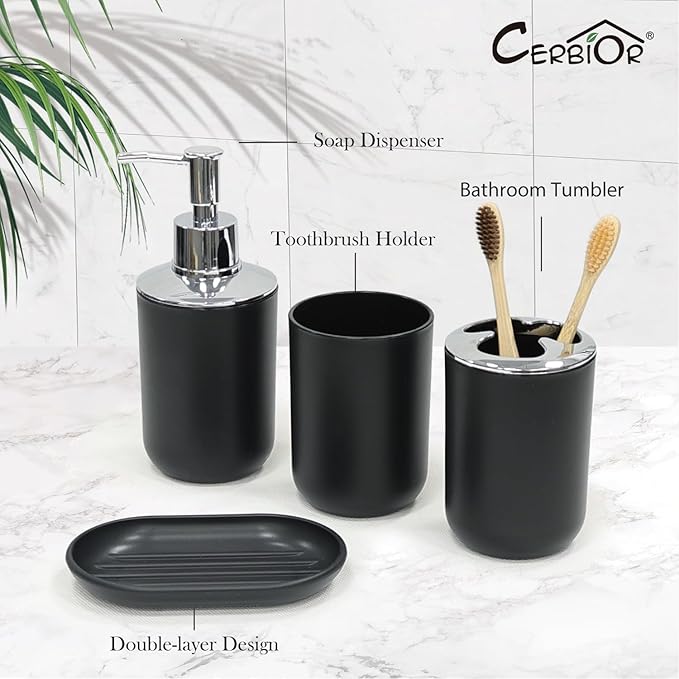 CERBIOR Bathroom Accessories Set 6 Piece Bath Ensemble Includes Soap Dispenser, Toothbrush Holder, Toothbrush Cup, Soap Dish for Decorative Countertop and Housewarming Gift (Shiny black-6pcs)