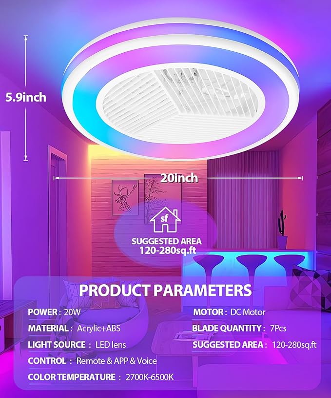 2-in-1 Low Profile Ceiling Fan with Light, 20” Caged Safety Design for Kids - RGB Color, Smart APP/Remote Control, Quiet Flush Mount DC Motor, Triangle, Ideal for Bedroom/Living Room/Kitchen, White
