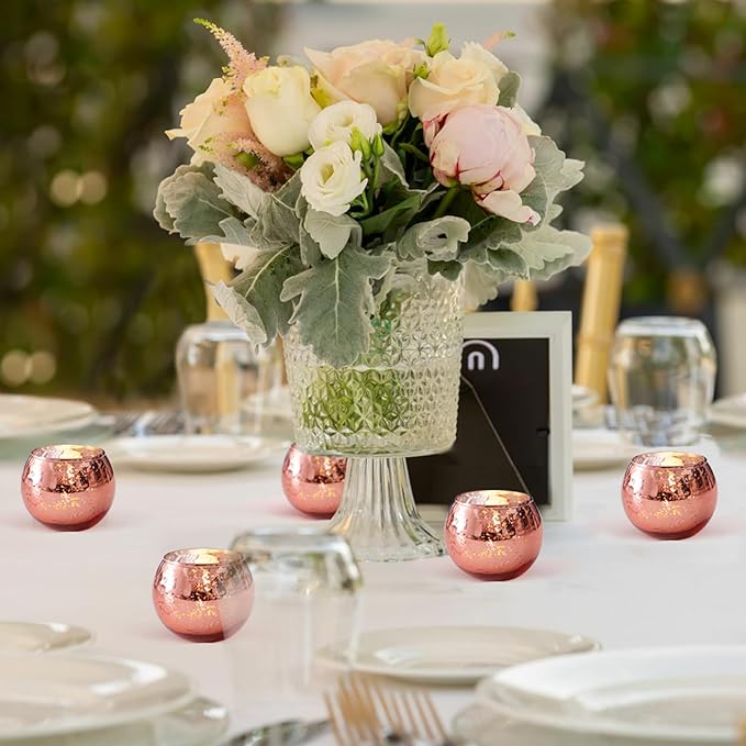 12 Pcs Rose Gold Candle Holders for Birthday Party Decorations- Mercury Glass Votives Tea Lights Holders for Wedding/Bridal Shower/Mother's Day Table Centerpieces, Rose Gold Party Supplies for Women