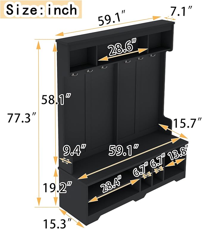 Modern Hall Tree with Metal Hooks and Storage Space, Wood Multi-Functional Entryway Coat Rack with Shoe Cubbies for Hallway Living Room Bedroom (Black/r11)