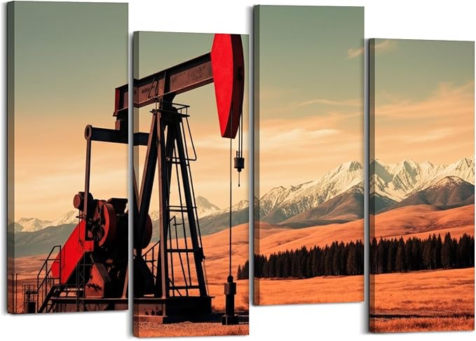 Canvas Wall Art Prints Pictures Oil Gas Pump Mountains Framed Posters Modern Wall Painting Artwork Gift Home Decor for Living Room Ready to Hang 4 Panel