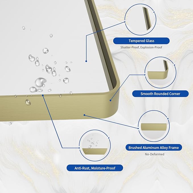 WEER Gold Bathroom Mirror, 22X30 Inch Brushed Gold Metal Frame Mirror, Rounded Rectangle Gold Bathroom Vanity Mirror for Wall, Tempered Glass, Anti-Rust, Hangs Horizontally or Vertically