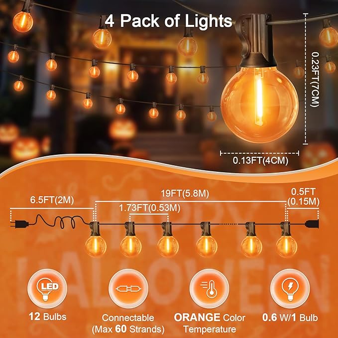 LAMPHOME 4-Pack Globe Outdoor Halloween String Lights, 26FT Patio Lights with 12+1 Edison Shatterproof Bulbs(1 Spare), Connectable Dimmable Orange Lights for Backyard Porch Halloween Decor