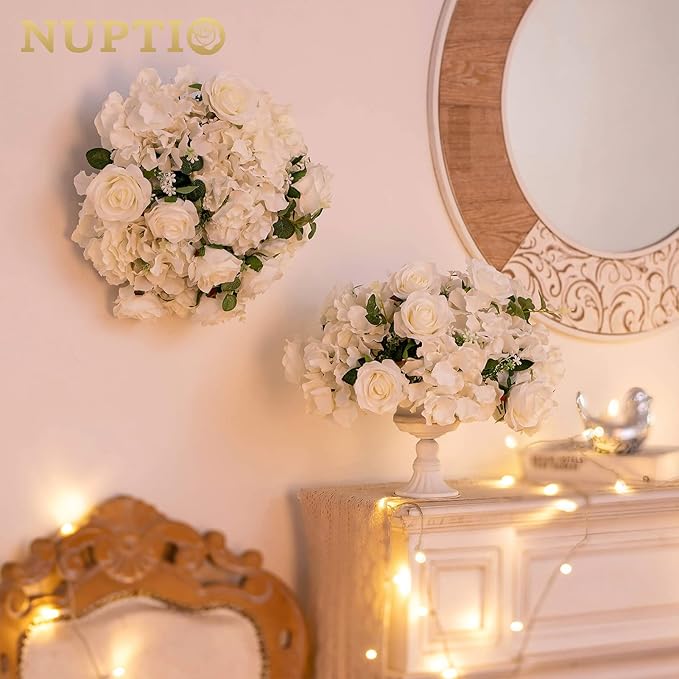 NUPTIO Flower Ball Arrangement Bouquet - 2 Pcs 15.7 inch Diameter White Fake Flowers Roses Balls for Centerpieces Tables - Artificial Rose Arrangements for Wedding Centerpiece Table Decorations