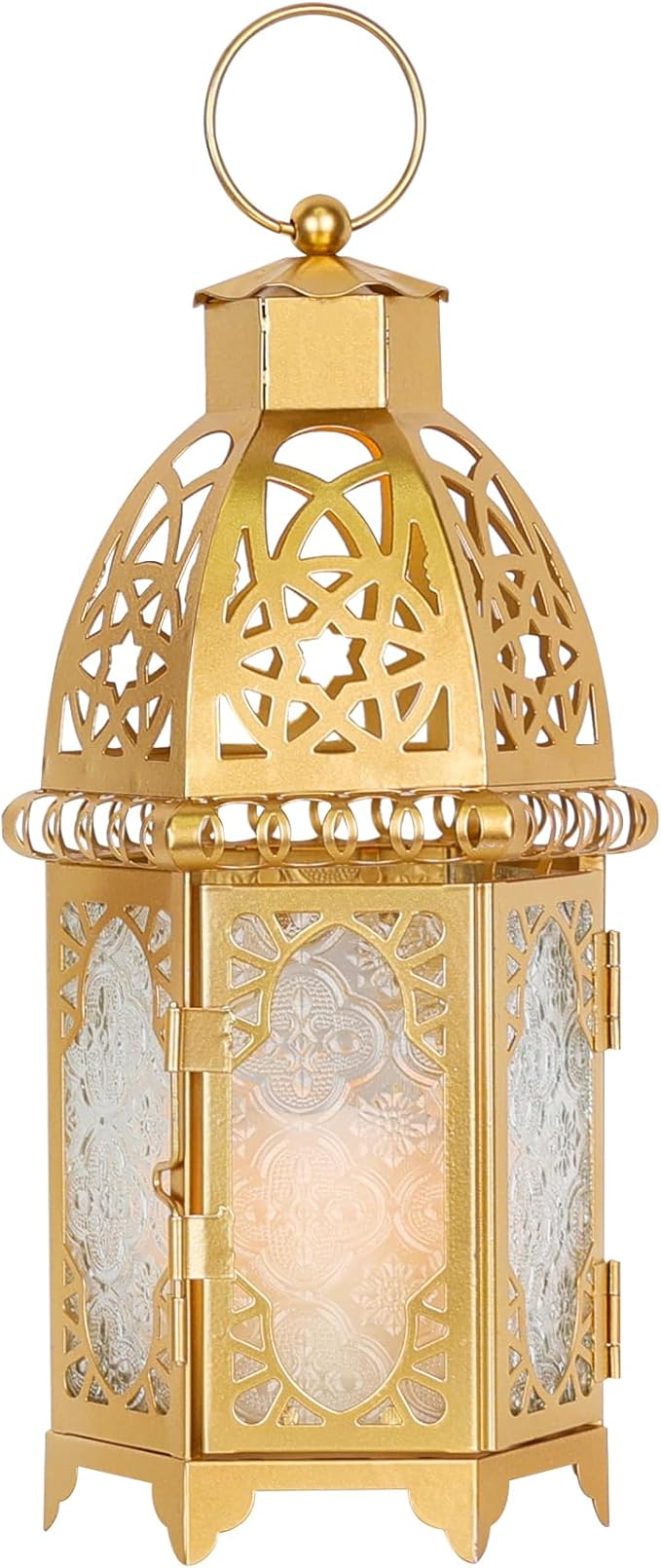 DECORKEY Moroccan Lanterns Decorative Indoor & Outdoor, 11’’ Medium Size Golden Metal Hanging&Tabletop Candle Holder Decor, Halloween Christmas Ramadan Decorations for Home Porch Patio (Golden)