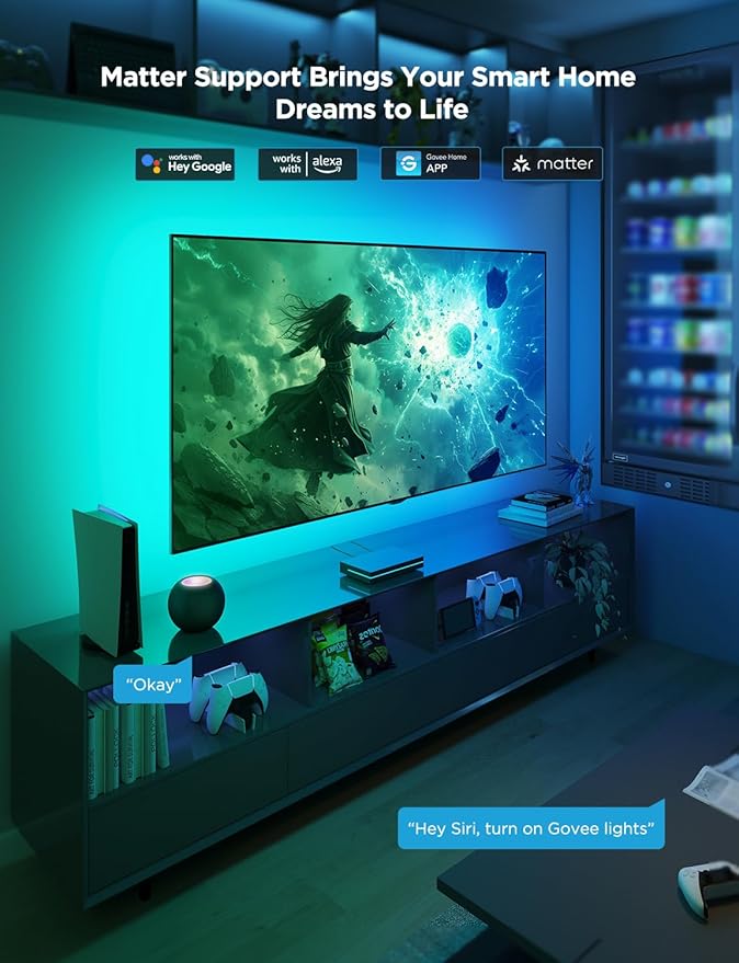 Govee HDMI 2.1 Sync Box 2, AI Sync Box with TV Backlight, Supports 8K@60Hz, 4K@144Hz, VRR and ALLM, Works with Matter and Alexa, RGBIC LED Light Strip for 55-65 inch TVs, 75 LEDs/m