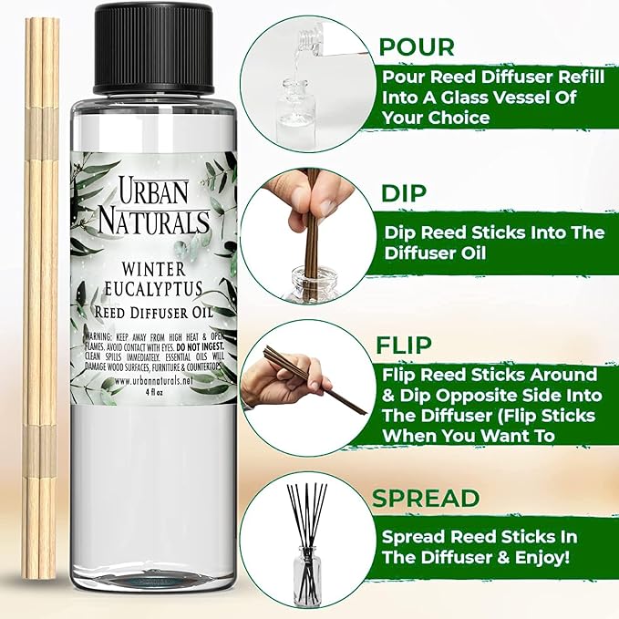 Urban Naturals Reed Diffuser Oil Refill Winter Eucalyptus, Crisp Eucalyptus, Mint, Spruce, Cedar, Essential Oils, 4 oz + Free Reed Sticks, Made in the USA