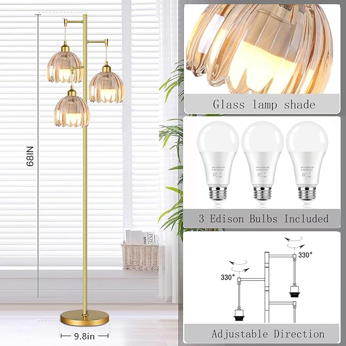 Modern Floor Lamp for Living Room Bedroom-3 Light Gold Floor Lamp with Glass Lampshape, Flower Tall Lamp Glass Standing Lamp Tree Floor Lamps for Living Room Bedroom,Corner