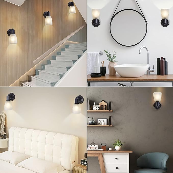 Wall Sconces Set of 2, Matte Black Vanity Lights for Bathroom, Modern Wall Light Fixtures with Rotary Switch, Wall Mount Light with Frosted Glass, Farmhouse Lamp for Bedroom Mirror Living Room