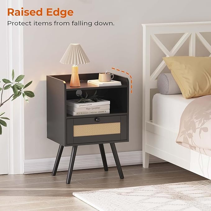 SUPERJARE Nightstand with Charging Station & Rattan-Like Decor Drawer, Rattan End Table with Solid Wood Feet, Bed Side Table with Open Storage, for Bedroom, Living Room, Dormitory - Black