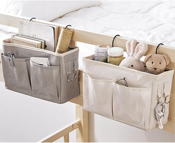 Cotton Linen Bedside Caddy Storage Organizer, Hanging Pocket for Bedside, Nightstand, Dorm Room (White)