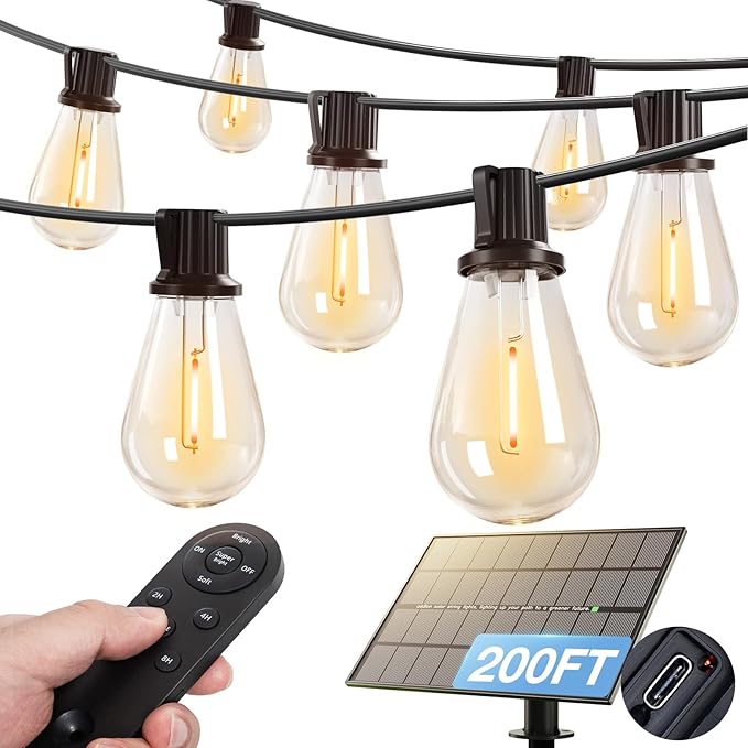 addlon 200FT(192+8) Solar String Lights Outdoor Waterproof 6W Panel with USB Port & Remote Control Solar Powered Patio Lights for Outside with 68 LED Dimmable Bulbs for Porch Garden Deck Halloween