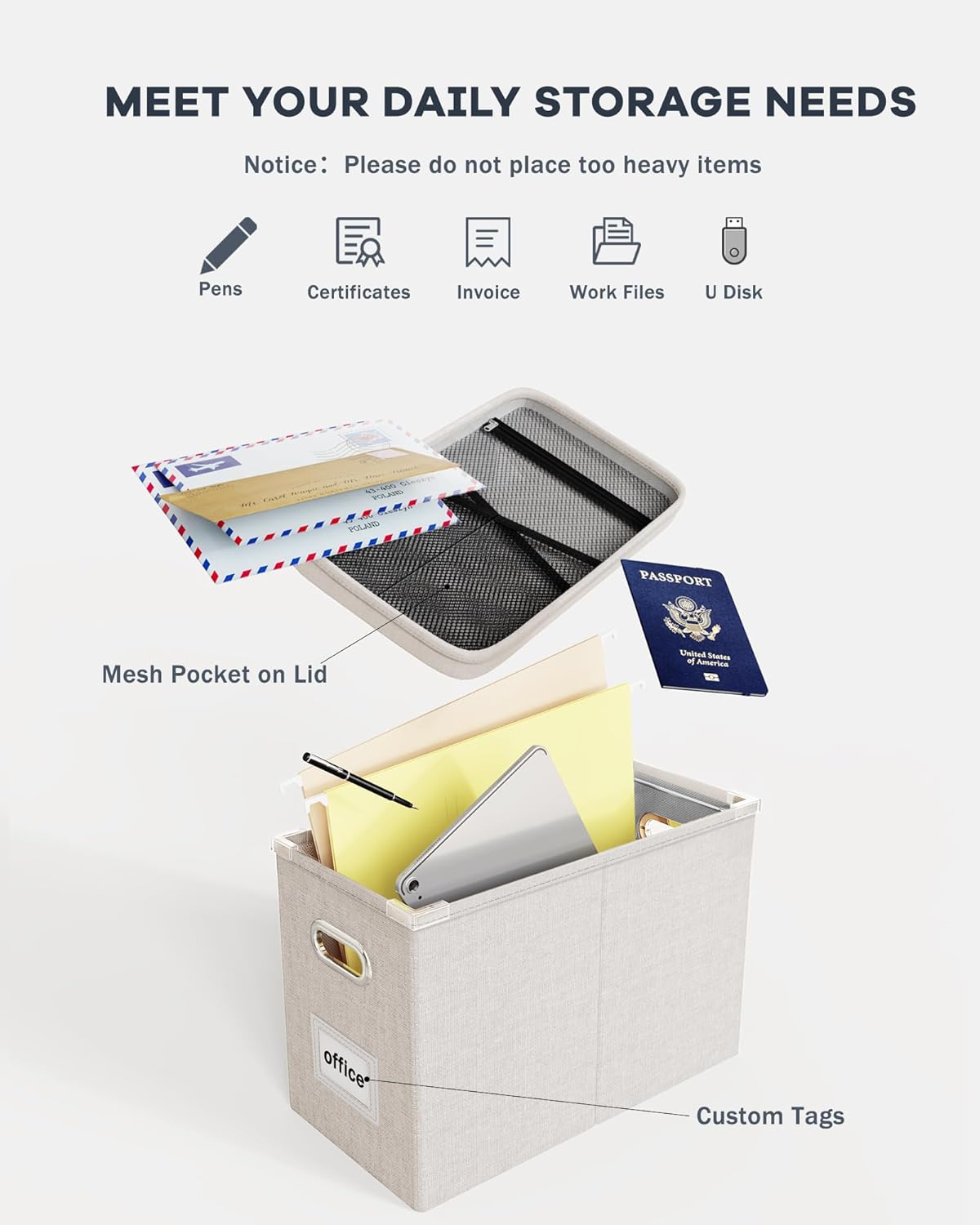 Oterri File Organizer Box with Lid, Hanging Filing File Box with Mesh Pocket, Document Organizer Box for Letter Files, Portable Storage Box with Smooth Sliding Rail for Office&Home (1 PCS, Beige)