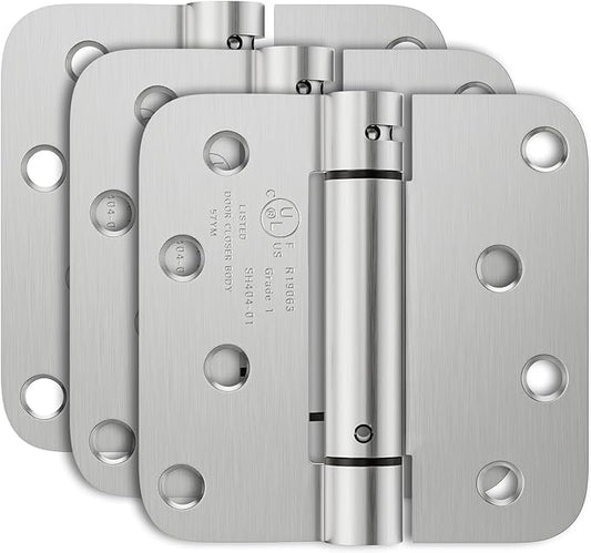 3 Pack Self Closing Door Hinges 4 Inch, Automatic Closing Door Hinge with 5/8'' Radius Corners, Adjustable Tension for Garage, Front, Back Door, UL Listed, Left and Right Hand, Brushed Nickel
