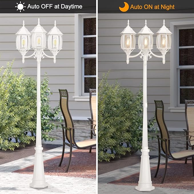 Dusk to Dawn Sensor Outdoor Lamp Post Light 3-Head, Classic White Light Pole with Clear Glass Panels (3 LED Bulbs Included, Max.100W), Waterproof Outside Street Light for Backyard, Garden, Driveway