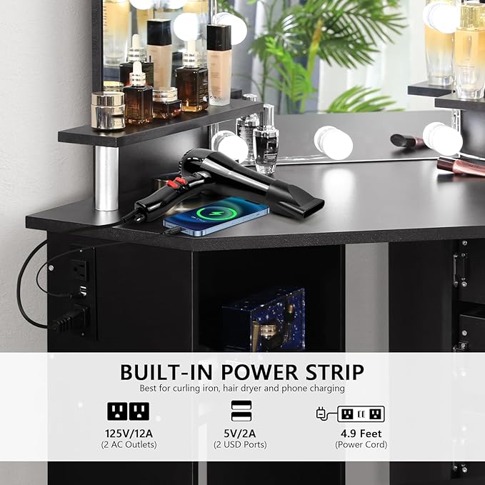 VOWNER Vanity with Lights - Makeup Vanity Desk with Power Outlet, 3 Color Lighting Options Brightness Adjustable, Vanity Table with 5 Rotating Drawers, Shelves and Stool for Bedroom, Black