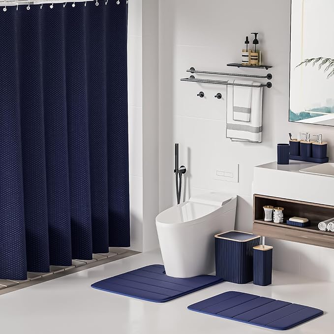 XLHOMO Bathroom Set - 25PC Blue Bathroom Set with Shower Curtain and Rugs, Bathroom Accessories Set, Blue Shower Curtain Set with Bathroom Trash Can