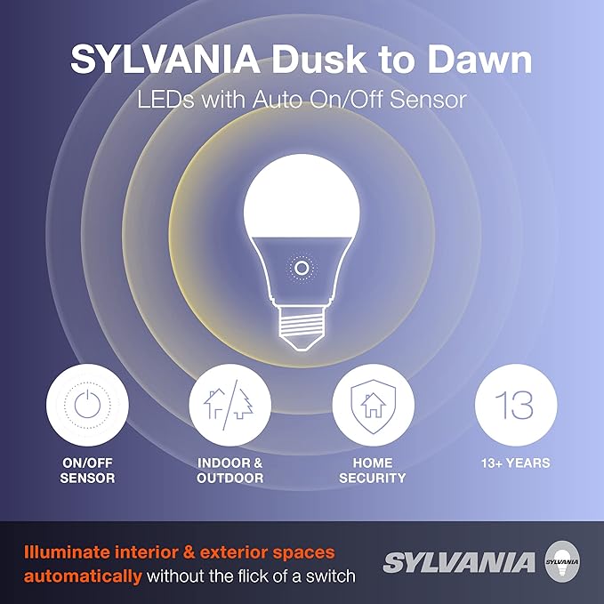 Sylvania Dusk to Dawn A19 LED Light Bulb with Auto On/Off Light Sensor, 60W=9W, 800 Lumens, 2700K, Soft White - 6 Pack (41257)