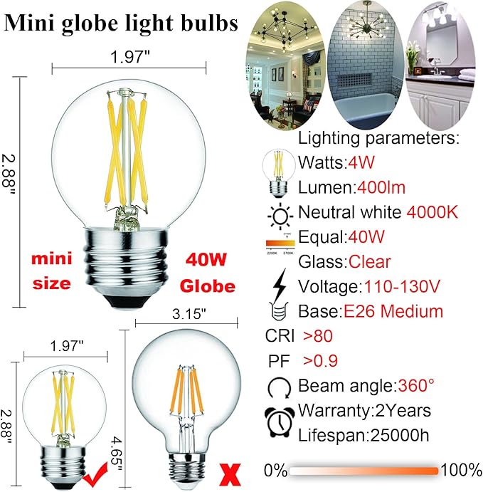 LiteHistory E26 LED Bulb 4W Equal E26 Edison Bulb 40 Watt Neutral White 4000K E26 Bulb Dimmable AC120V 400lm G16.5 Light Bulb led for Rustic Sputnik,Chandeliers,Vanity,Wall sconces Pack of 6