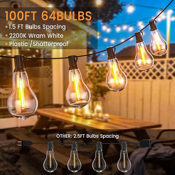 Patio Lights, 100FT Patio Lights with 64+5 Bulbs(1.5FT Bulbs Spacing), Outdoor String Lights, Remote & Dimmer, 3 Mode Light & Timing, 65PC Mounting Ties for Outside, 2200K (Black)