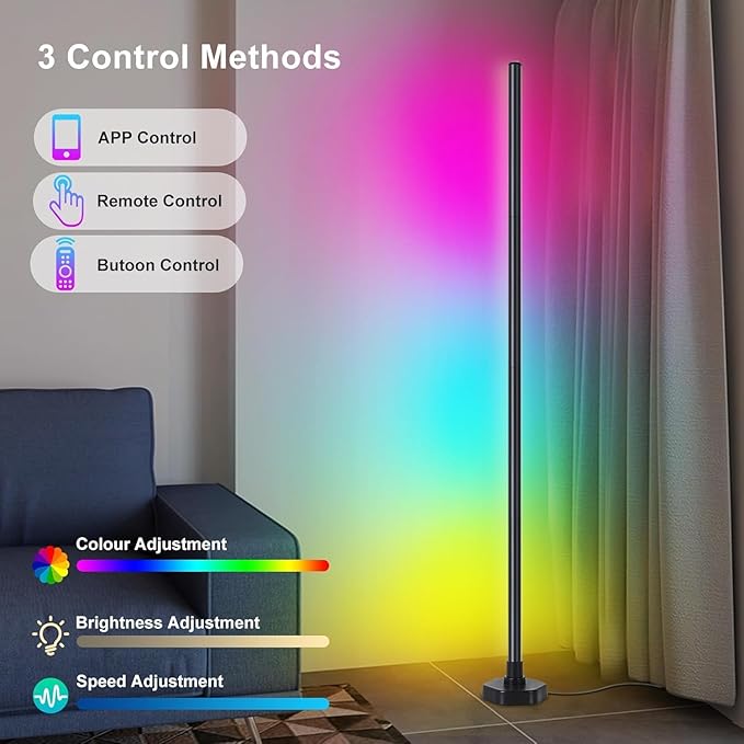RGB LED Floor Lamp, RGB LED Corner Lamp with Music Sync, Remote Control Color Changing Ambience Light, 16 Million DIY Colors Timer Setting for Living Rooms, Bedrooms and Gaming Rooms