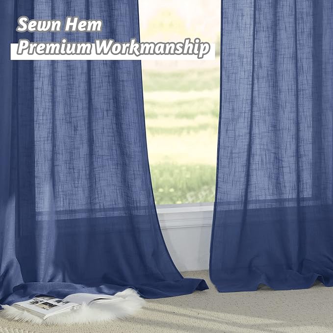 RYB HOME Curtains for Living Room - Linen Texture Sheer Farmhouse Country Curtains for Patio Sliding Glass Door French Door Bedroom Dining, Navy Blue, 52 x 95 inches, 2 Panels
