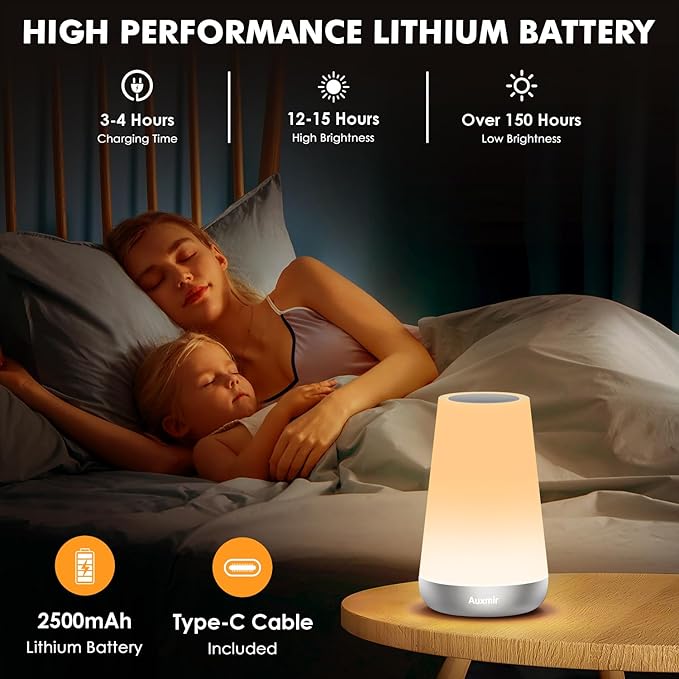 Auxmir Night Light for Kids Baby, 2500mAh13 RGB Colors & 5 Brightness, Portable Rechargeable LED Bedside Lamp for Baby Nursery, Night Lights for Bedroom Living Room Bathroom Hallways, Silver