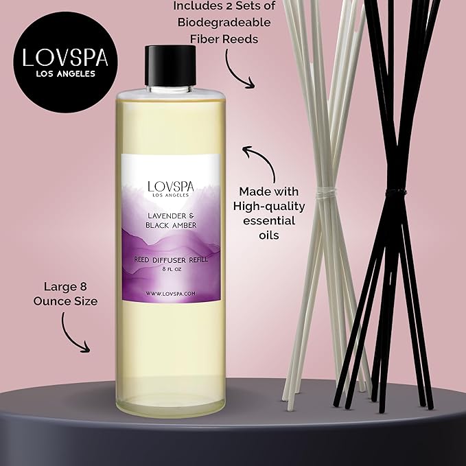 LOVSPA Lavender & Black Amber Diffuser Oil - Essential Oils for Diffuser Refill & Air Freshener Room Spray - Long-Lasting & Natural Home Fragrance, Scented Oil for Diffusers, USA Made, 8 oz