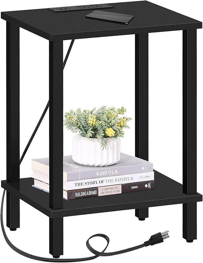 TUTOTAK End Table with Charging Station, Side Table with USB Ports and Outlets, Nightstand, 2-Tier Storage Shelf, Sofa Table for Small Space TB01BK040