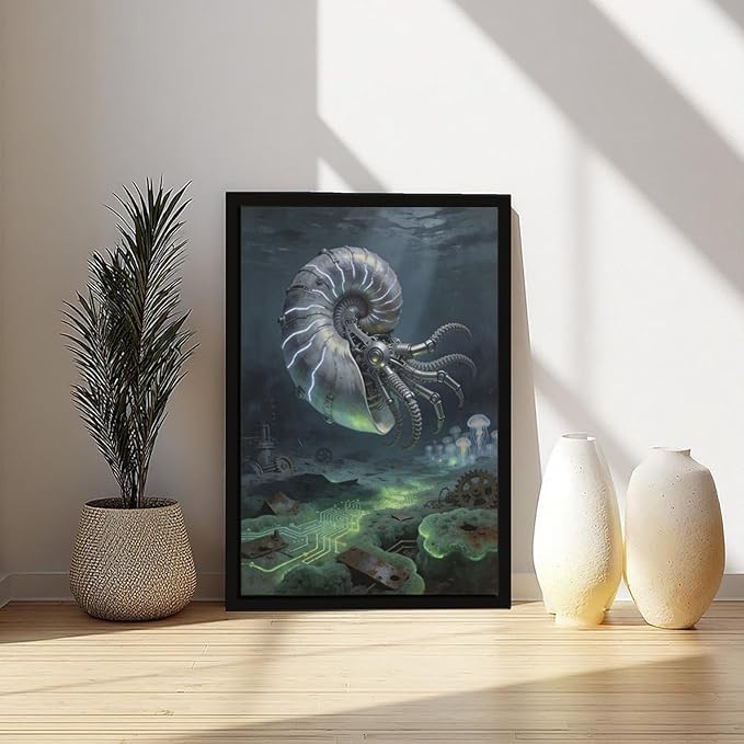 Framed Steampunk Mechanical Nautilus Wall Art - Underwater Industrial Poster for Man Cave Studio Decor 16x24in