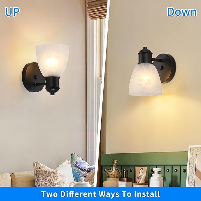 Wall Sconces Set of Two, Matte Black Vanity Lights for Bathroom, Modern Wall Light Fixtures Mount Lamp with Cloudy-Patterned Glass for Bedroom Mirror Living Room Hallway Kitchen