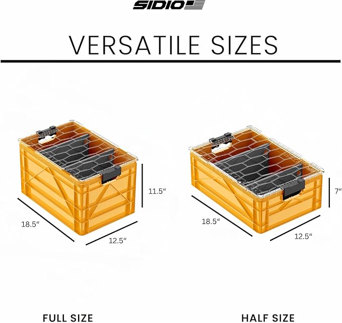 SIDIO CRATE Starter Pack - Two Full Size and One Half Size Heavy Duty Stackable Storage Bins, Totes with Lids and Dividers - Durable Organizer for Home, Office, Garage, and Outdoor Use - Sol