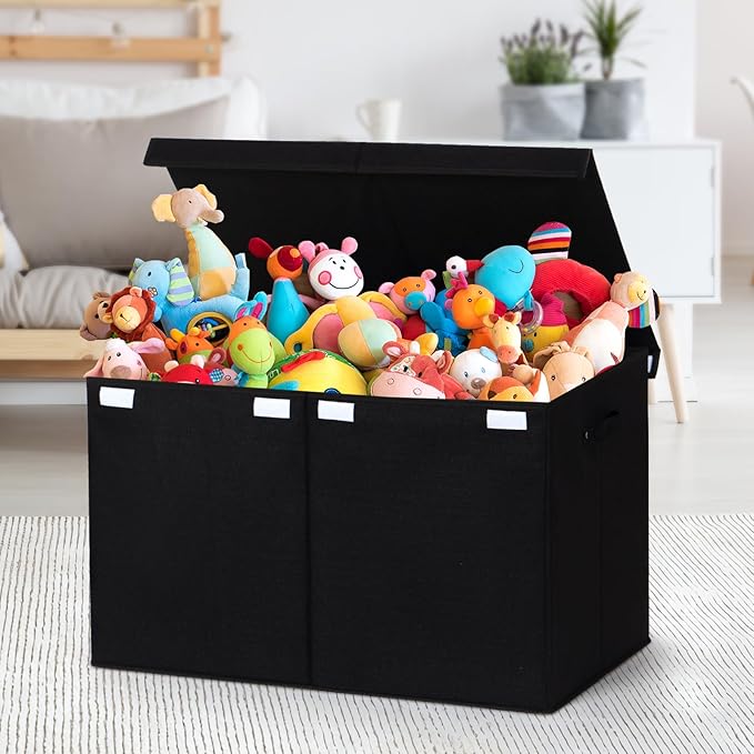 popoly 122L Large Toy Box Chest with Lid, Foldable Toy Storage Organizer Bin Boxes with Removable Divider for Kids, Boys, Girls, Nursery, Playroom, 26"x17" x17"(Linen Black)