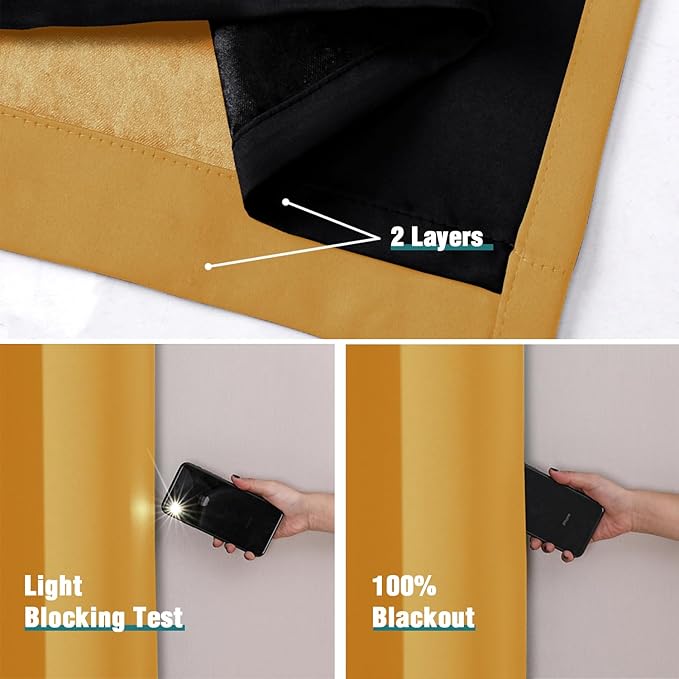 ChrisDowa 100% Blackout Curtains for Bedroom with Black Liner, 2 Thick Layers Total Blackout Thermal Insulated Grommet Small Window Curtains 2 Panels Set (Mustard Yellow, 42 x 45 Inch)