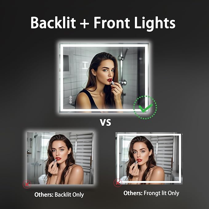 32x24 LED Bathroom Mirror with Lights LED Mirror for Bathroom Makeup Vanity Smart Mirror Lighted Front & Backlit,Stepless Dimmable Adjustable Brightness,Touch Switch,Shatterproof,Anti-Fog