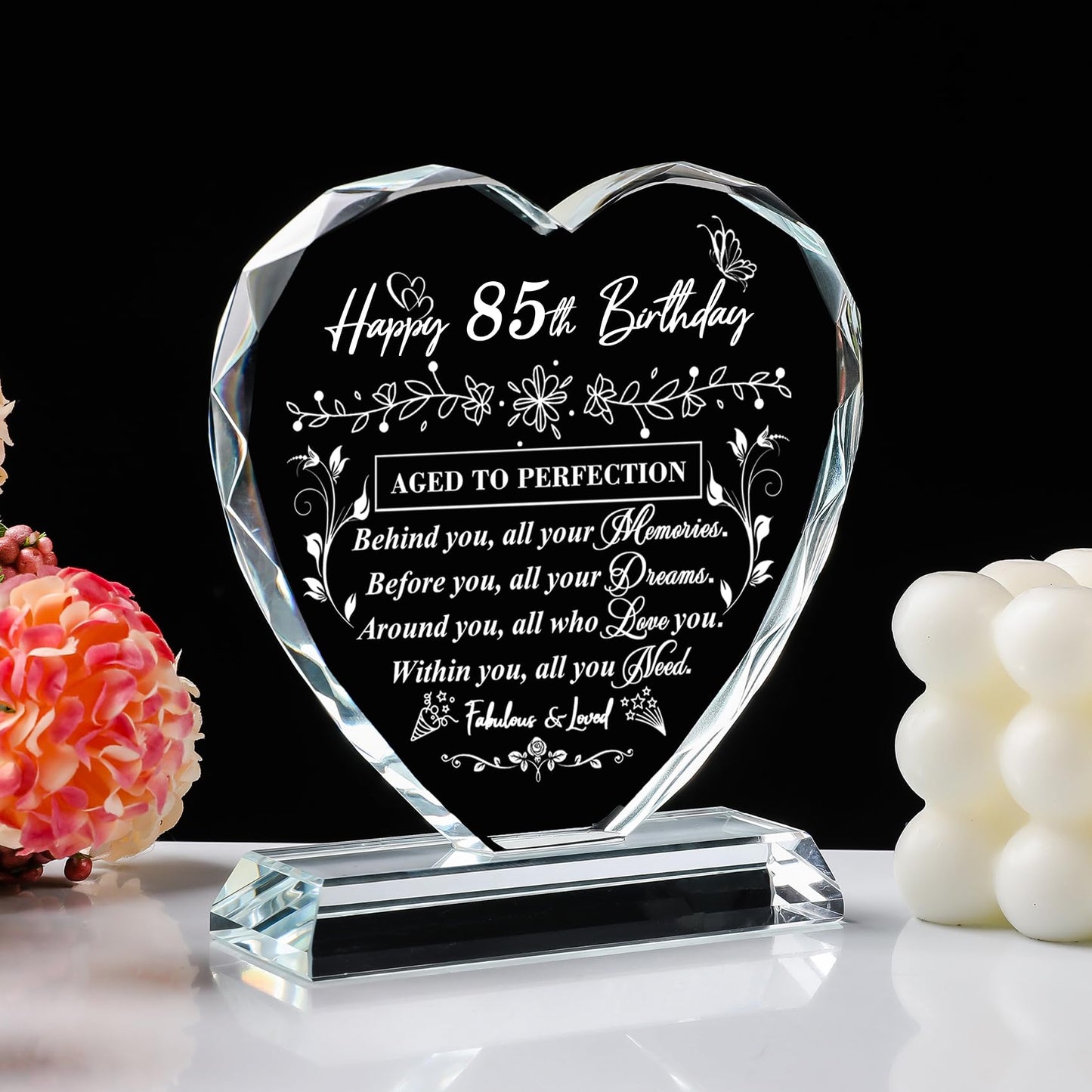 QIANRUNA 85th Birthday Gifts for Women Men, Laser Glass Heart 85th Birthday Decorations Ideas, Happy Birthday Gifts for 85 Year Old Parents Grandparents Husband Wife Mom Dad Friend