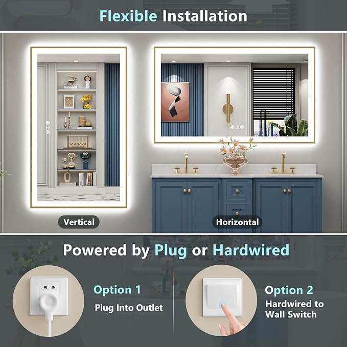 60x38 Gold LED Bathroom Mirror with Lights, Brushed Gold Framed Backlit and Front Lit Anti-Fog Lighted Vanity Mirrors for Bathroom Wall, Dimmable, 3 Colors, Memory, HD Tempered Glass, CRI＞90