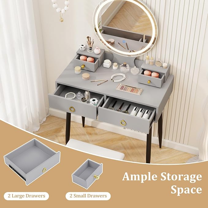 CHARMAID Vanity Desk with Mirror and Lights, Makeup Vanity with 4 Storage Drawers, 3 Lighting Modes, Adjustable Brightness, Modern Vanity Dressing Table with Stool for Bedroom, Gray & Black