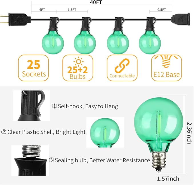 40FT LED Outdoor String Lights Waterproof, G40 LED Globe Outdoor Light for Patio with 27 Edison Vintage Shatterproof Bulbs, Connectable Backyard Lights for Garden, Bistro, Porch, Halloween
