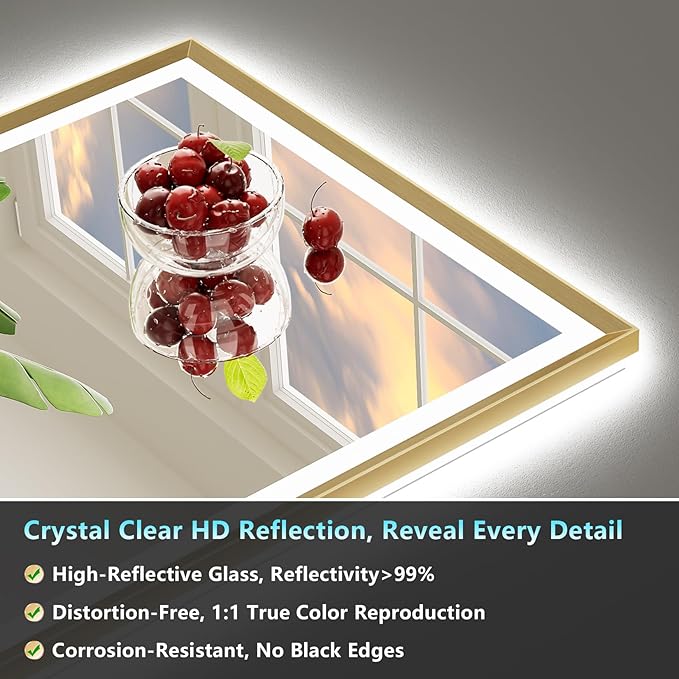 66x36 Gold Beveled LED Bathroom Mirror with Lights, Brushed Gold Framed Backlit and Front Lit Anti-Fog Lighted Vanity Mirrors for Bathroom Wall, Dimmable, 3 Colors, Memory, HD Tempered Glass
