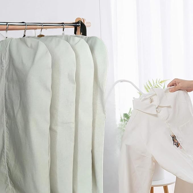 Garment Bag for Hanging Clothes – Organic Cotton Suit & Coat Cover with Zipper | Breathable Closet Organizer for Travel & Storage (24"x48"), Off-White)