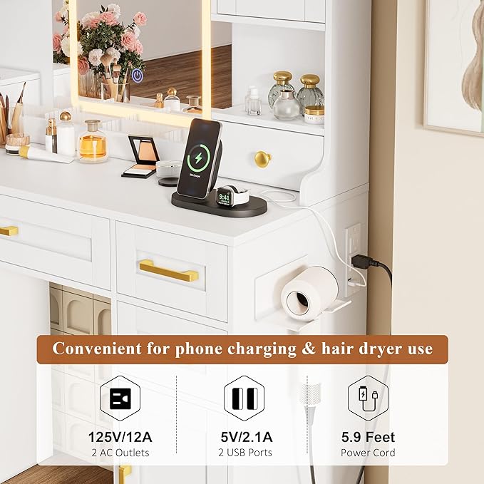 NUNU LAB 42 Inchs Large Vanity Desk with Mirror and Lights with 6 Drawers and 4 Cabinets, Big Women Makeup Table with Power Outlet, 3-Color Adjustable Lighting for Bedroom White