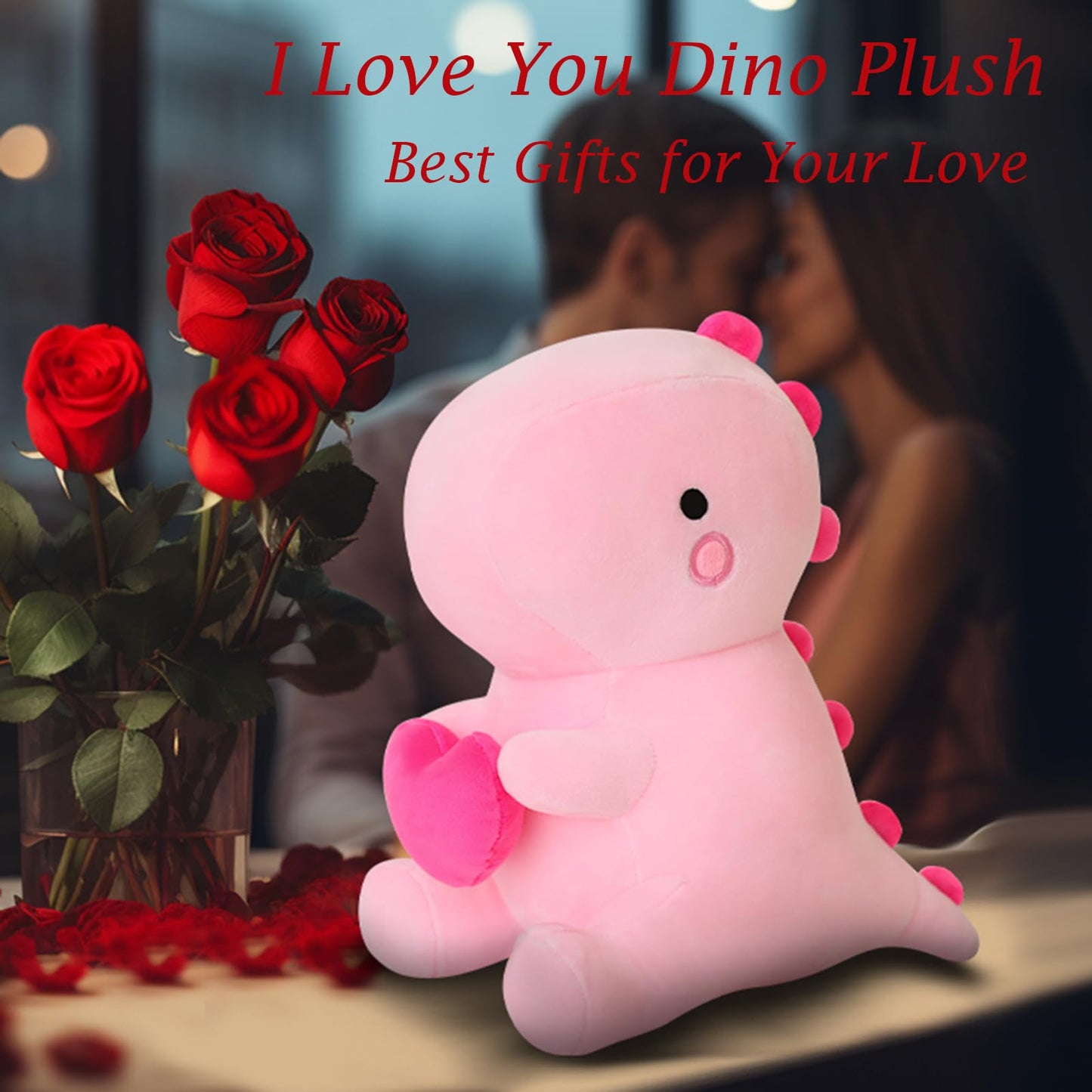 SQEQE Dinosaur Stuffed Animal, Loving Soft Dino Plush Toys with Holding Heart, Sweet Romantic Anniversary Birthday Gift for Her Girls Boys Girlfriend(Pink,12 inch)