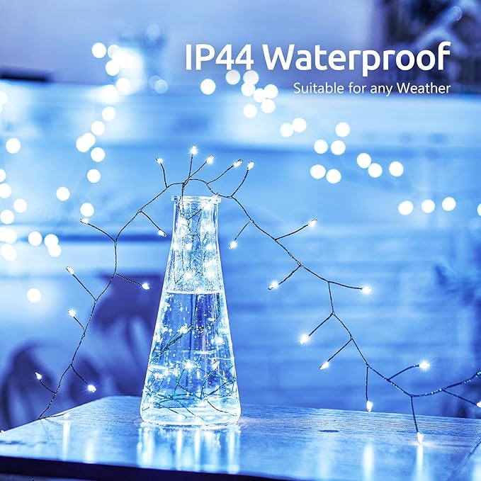 Fairy Lights Battery Operated, 10 FT 120LED Twinkle Firecracker String Lights with 8 Modes & Timer, Waterproof Cluster for DIY Outdoor Wreath Wedding Christmas Decoration, Pure White