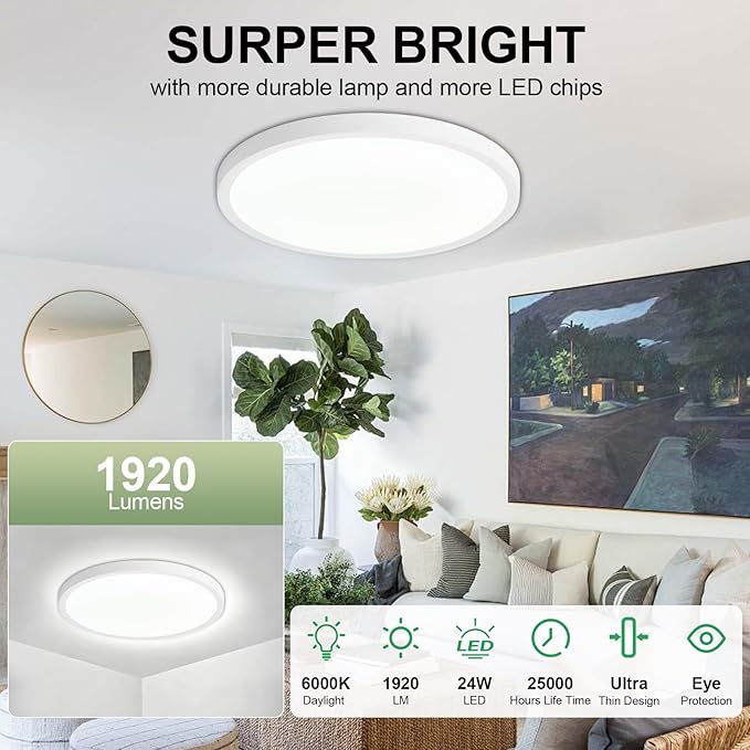LED Flush Mount Ceiling Light: 12 inch 1Pack Super Slim Dimmable & 5CCT (2700-6500K) Kitchen Lighting Fixtures Ceiling - 24W White Low Profile Ceiling Lamp for Bedroom Garage Hallway