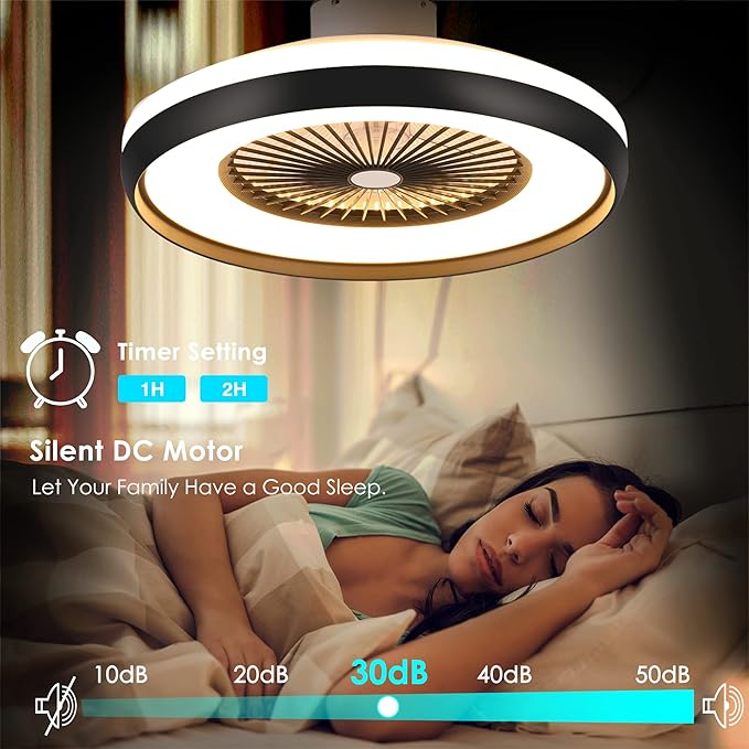 24" Bladeless Ceiling Fan with Light Remote, Smart LED Ceiling Fans with App Control, Modern Low Profile Dimmable Light Ceiling Fan for Bedroom Living Room Black